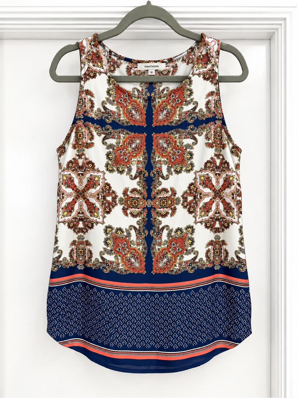 41 Hawthorn Navy, White & Coral Paisley Sleeveless Tank
